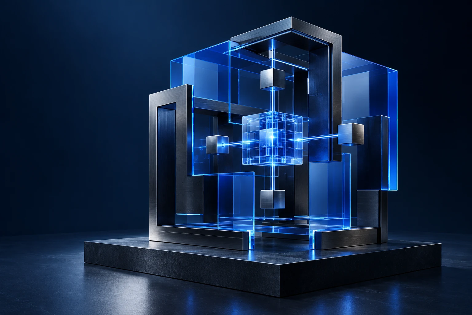 Estructura de cristal azul y metal que protege un núcleo de conexiones digitales.